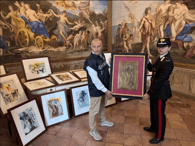 Oficiales de la policía especializada en arte incautaron 21 obras de la exposición ‘Salvador Dalí, entre arte y mito’ por sospecha de falsificación, en Parma, Italia, el 30 de septiembre de 2025. Foto Comando de Protección del Patrimonio Cultural de los Carabineros vía Ap