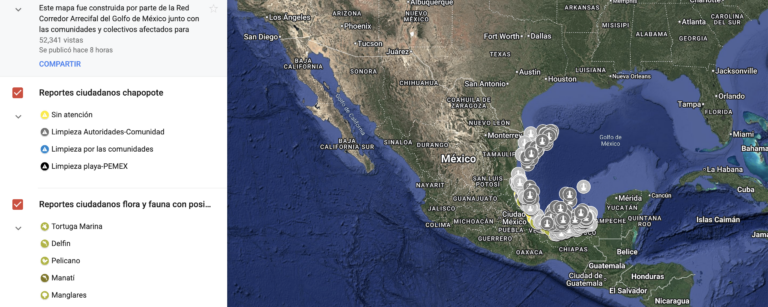 Mapa de sitios afectados por derrame de petróleo en Veracruz y Tabasco